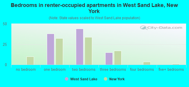 Bedrooms in renter-occupied apartments in West Sand Lake, New York