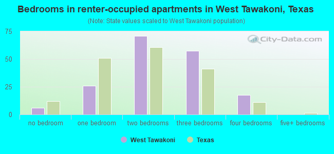 Bedrooms in renter-occupied apartments in West Tawakoni, Texas