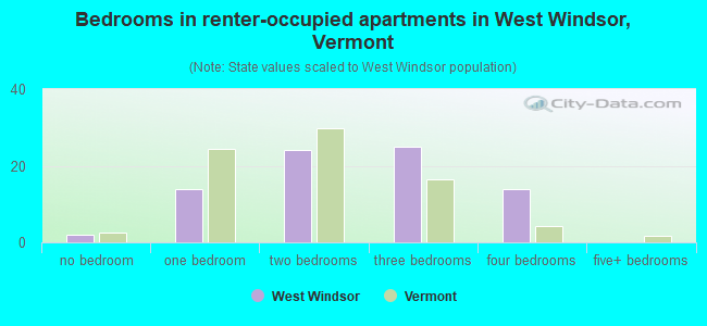 Bedrooms in renter-occupied apartments in West Windsor, Vermont