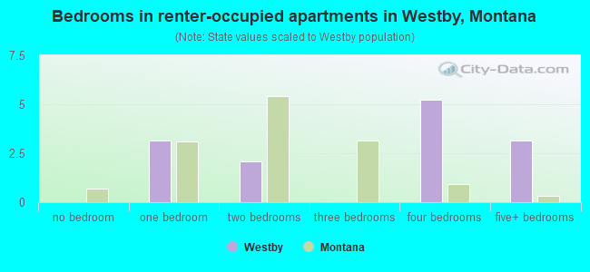 Bedrooms in renter-occupied apartments in Westby, Montana