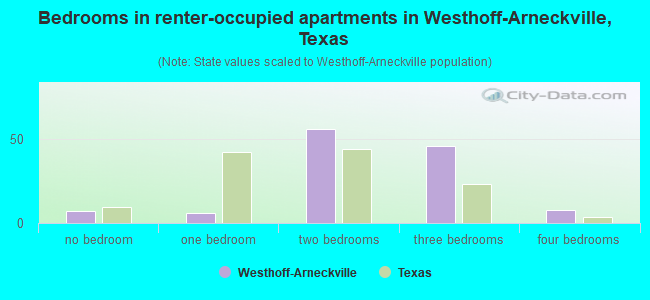 Bedrooms in renter-occupied apartments in Westhoff-Arneckville, Texas