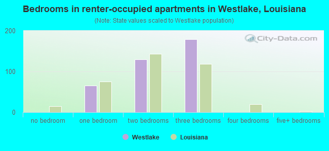 Bedrooms in renter-occupied apartments in Westlake, Louisiana