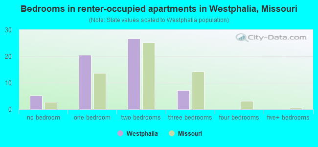 Bedrooms in renter-occupied apartments in Westphalia, Missouri