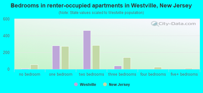 Bedrooms in renter-occupied apartments in Westville, New Jersey