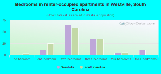 Bedrooms in renter-occupied apartments in Westville, South Carolina