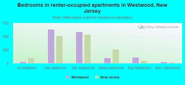 Bedrooms in renter-occupied apartments in Westwood, New Jersey