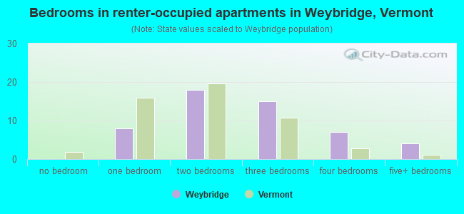 Bedrooms in renter-occupied apartments in Weybridge, Vermont