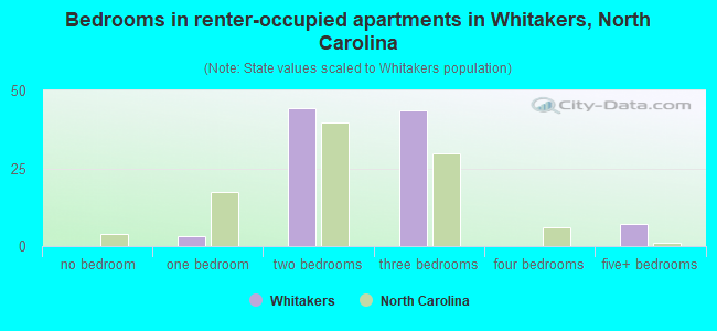 Bedrooms in renter-occupied apartments in Whitakers, North Carolina