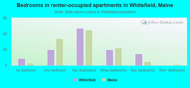 Bedrooms in renter-occupied apartments in Whitefield, Maine