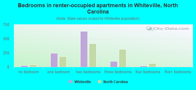 Bedrooms in renter-occupied apartments in Whiteville, North Carolina