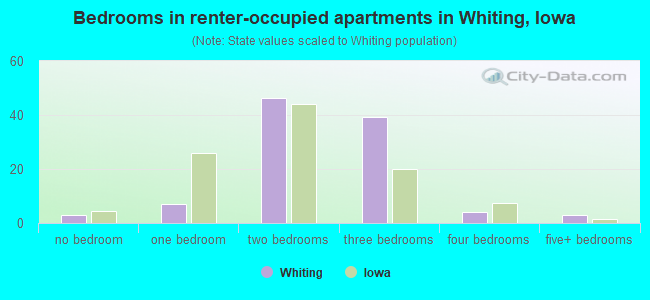Bedrooms in renter-occupied apartments in Whiting, Iowa