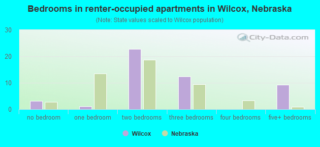 Bedrooms in renter-occupied apartments in Wilcox, Nebraska