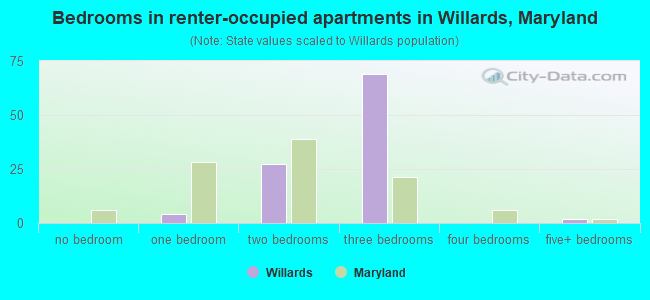 Bedrooms in renter-occupied apartments in Willards, Maryland