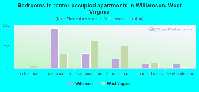 Bedrooms in renter-occupied apartments in Williamson, West Virginia
