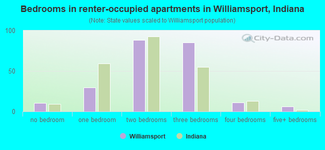 Bedrooms in renter-occupied apartments in Williamsport, Indiana