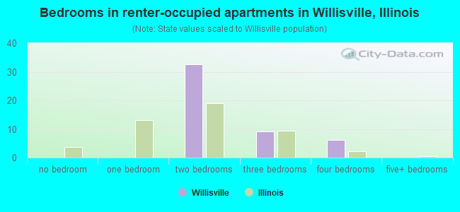 Bedrooms in renter-occupied apartments in Willisville, Illinois