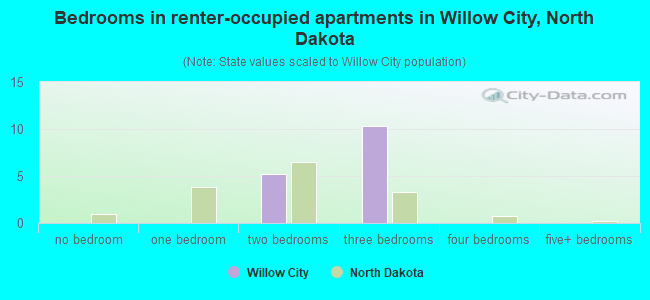 Bedrooms in renter-occupied apartments in Willow City, North Dakota