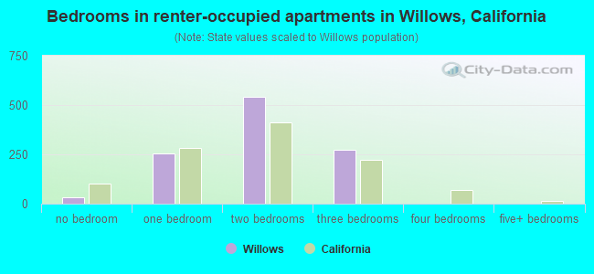 Bedrooms in renter-occupied apartments in Willows, California