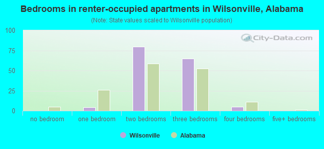 Bedrooms in renter-occupied apartments in Wilsonville, Alabama