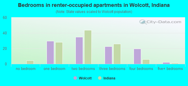 Bedrooms in renter-occupied apartments in Wolcott, Indiana