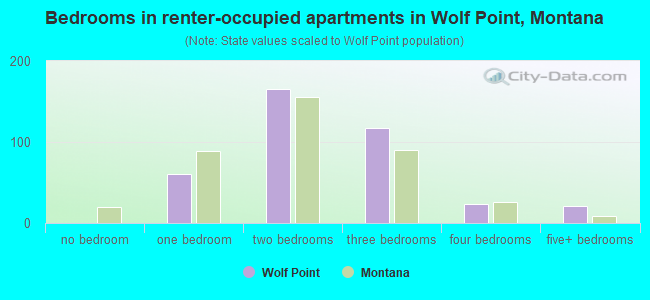 Bedrooms in renter-occupied apartments in Wolf Point, Montana
