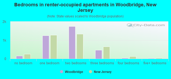 Bedrooms in renter-occupied apartments in Woodbridge, New Jersey