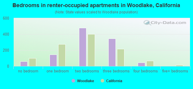 Bedrooms in renter-occupied apartments in Woodlake, California