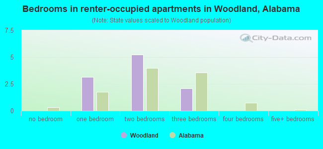 Bedrooms in renter-occupied apartments in Woodland, Alabama