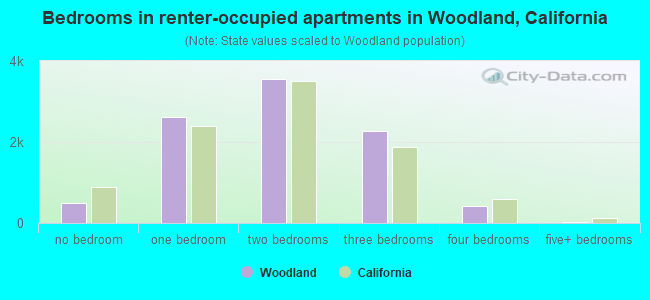 Bedrooms in renter-occupied apartments in Woodland, California