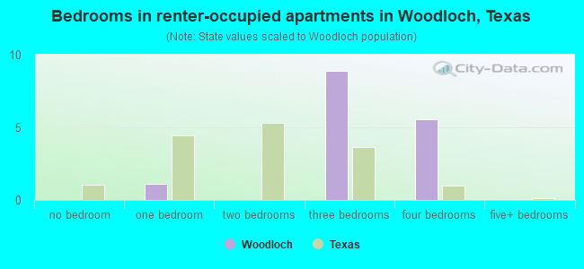 Bedrooms in renter-occupied apartments in Woodloch, Texas