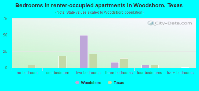 Bedrooms in renter-occupied apartments in Woodsboro, Texas