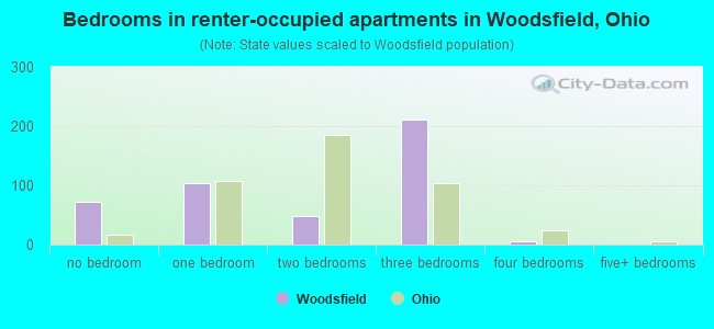 Bedrooms in renter-occupied apartments in Woodsfield, Ohio