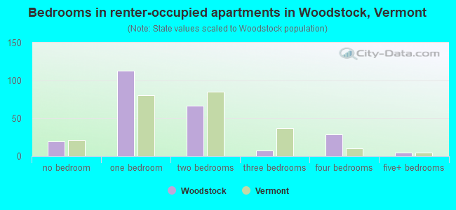 Bedrooms in renter-occupied apartments in Woodstock, Vermont