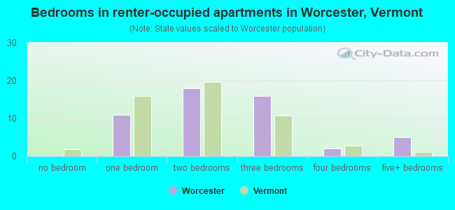 Bedrooms in renter-occupied apartments in Worcester, Vermont