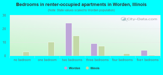 Bedrooms in renter-occupied apartments in Worden, Illinois