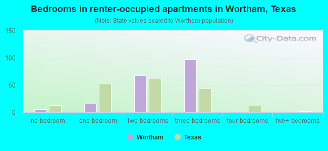 Bedrooms in renter-occupied apartments in Wortham, Texas