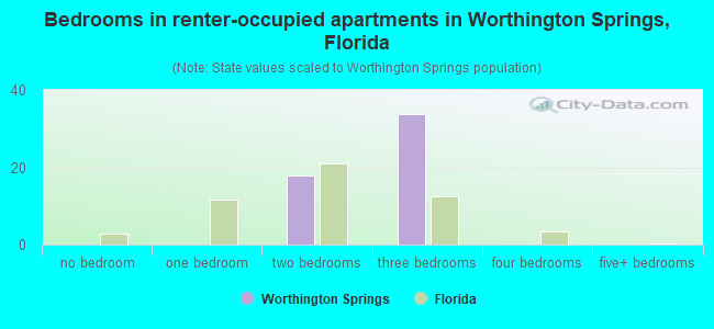 Bedrooms in renter-occupied apartments in Worthington Springs, Florida