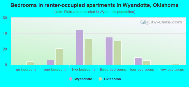 Bedrooms in renter-occupied apartments in Wyandotte, Oklahoma