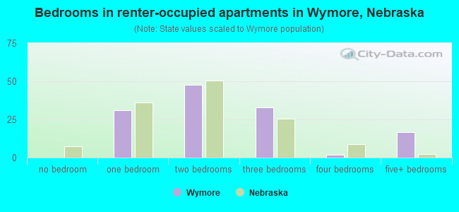 Bedrooms in renter-occupied apartments in Wymore, Nebraska