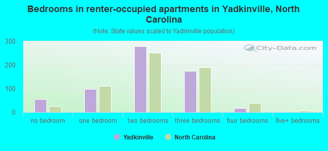 Bedrooms in renter-occupied apartments in Yadkinville, North Carolina