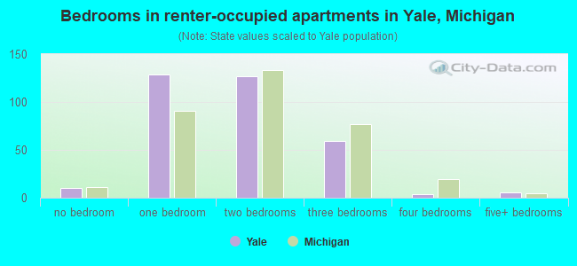 Bedrooms in renter-occupied apartments in Yale, Michigan