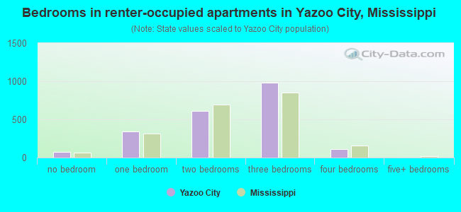 Bedrooms in renter-occupied apartments in Yazoo City, Mississippi