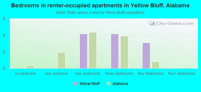 Bedrooms in renter-occupied apartments in Yellow Bluff, Alabama