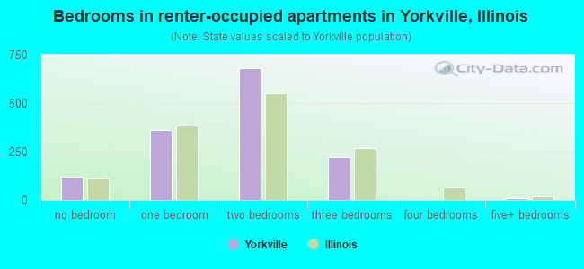 Bedrooms in renter-occupied apartments in Yorkville, Illinois