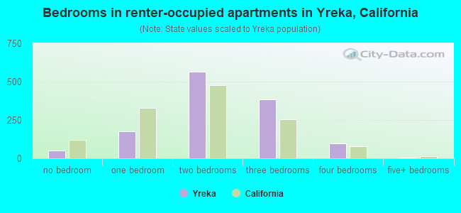 Bedrooms in renter-occupied apartments in Yreka, California