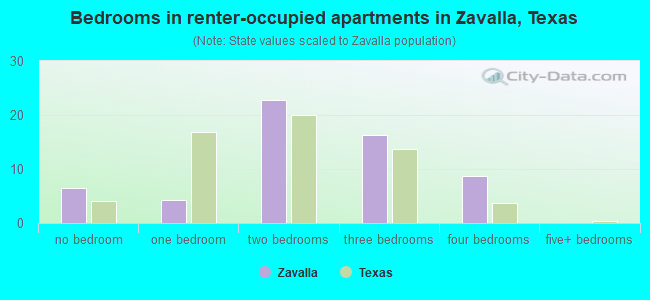 Bedrooms in renter-occupied apartments in Zavalla, Texas