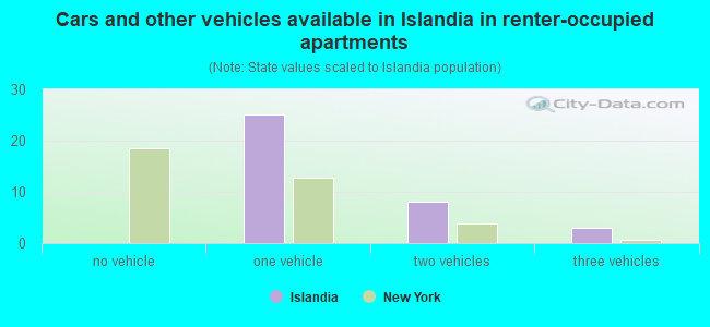 Cars and other vehicles available in Islandia in renter-occupied apartments