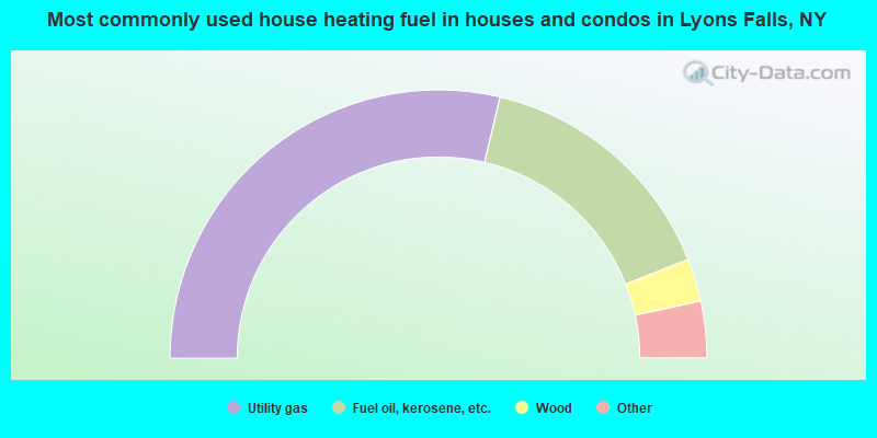 Most commonly used house heating fuel in houses and condos in Lyons Falls, NY