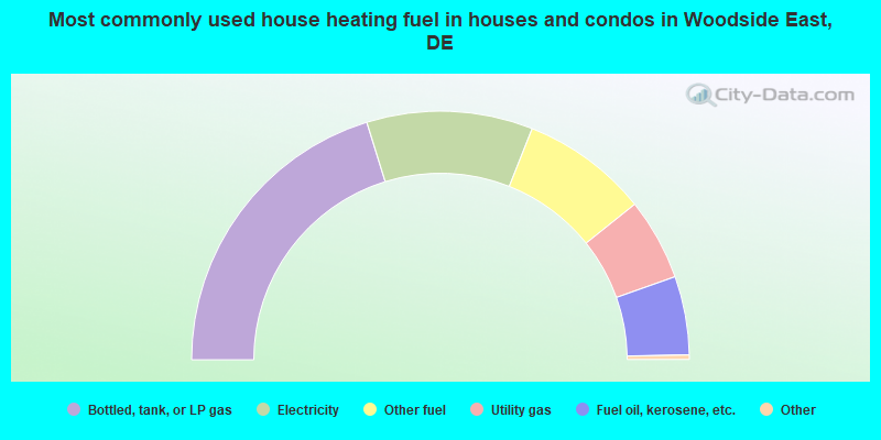 Most commonly used house heating fuel in houses and condos in Woodside East, DE