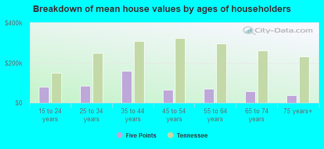 Breakdown of mean house values by ages of householders